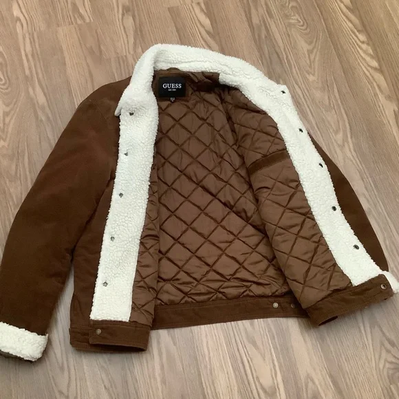 GUESS  Sherpa Trimmed Corduroy Trucker Jacket  Brown Women Size XL - Picture 3 of 12